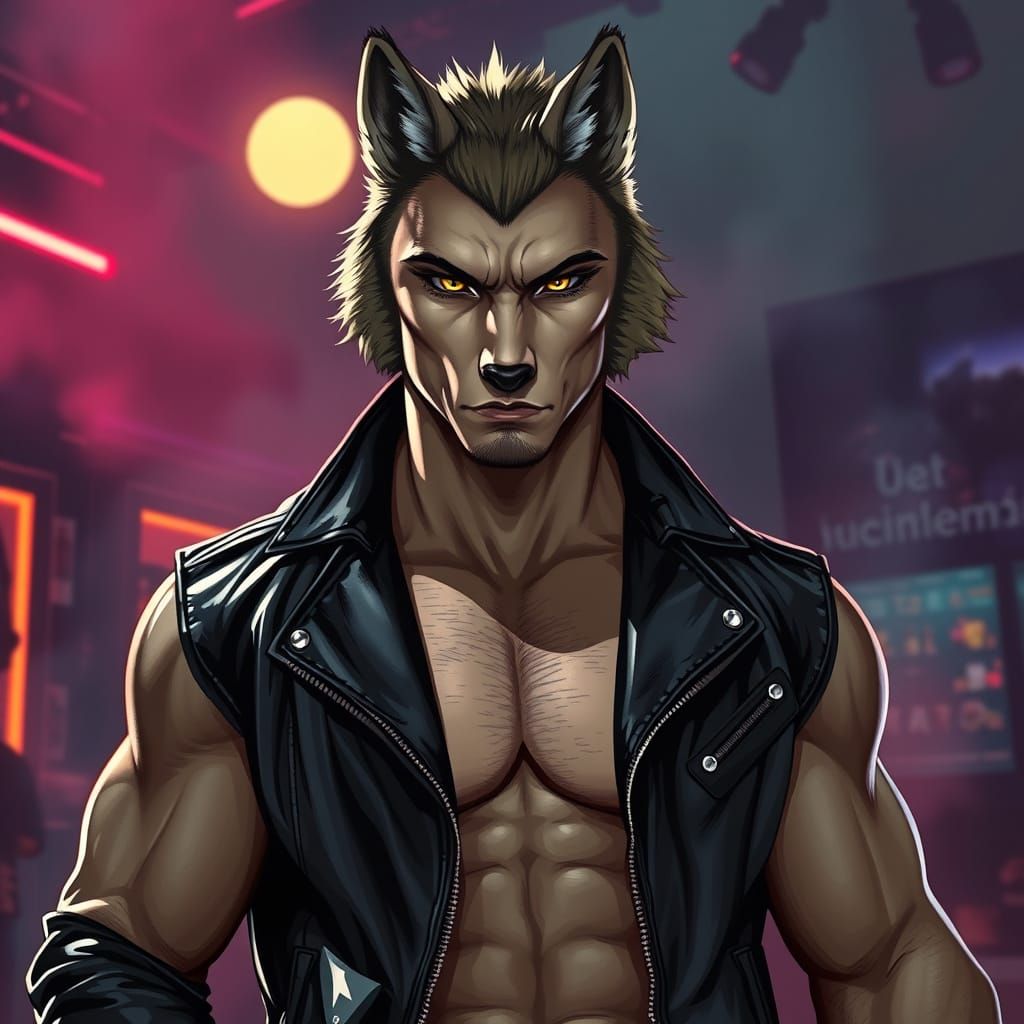 Confident Gay Wolf in Bold Leather Attire