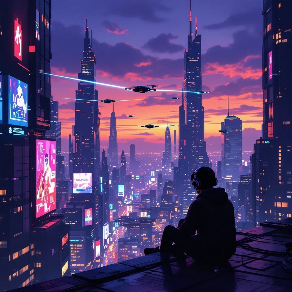 Futuristic City Rooftop at Twilight: Lone Figure Gazing