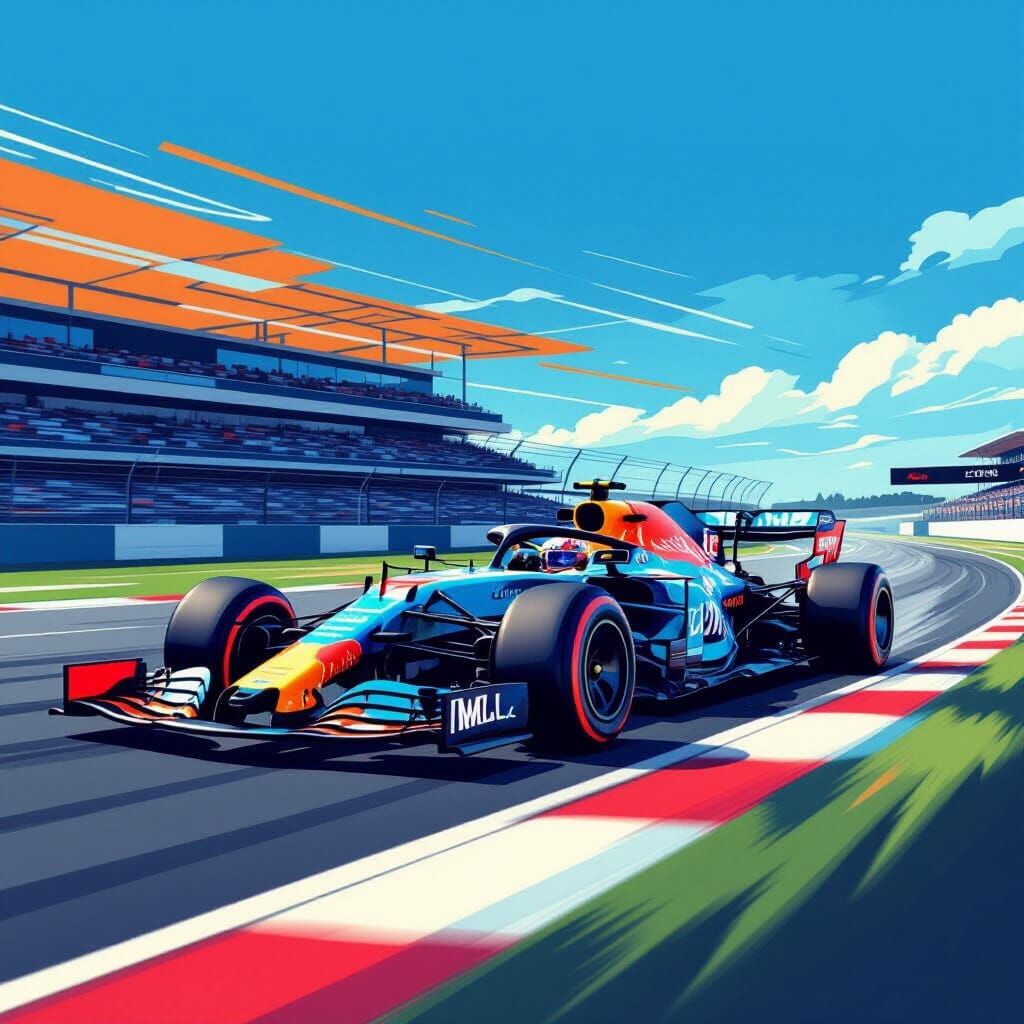 Formula One Car Speeds on Racetrack in Vibrant Illustration ...