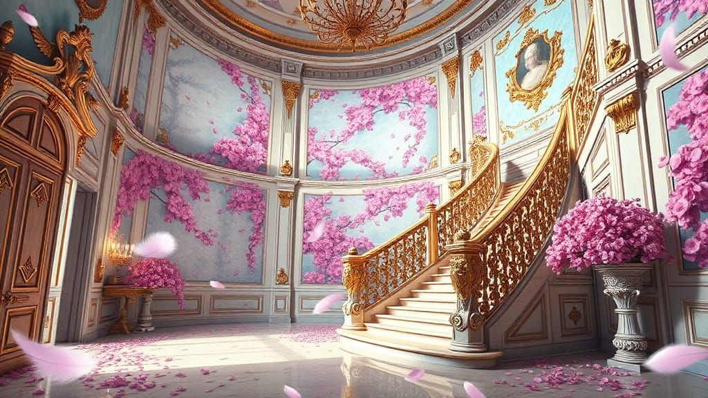 Opulent Mansion Foyer with Pink Floral Details
