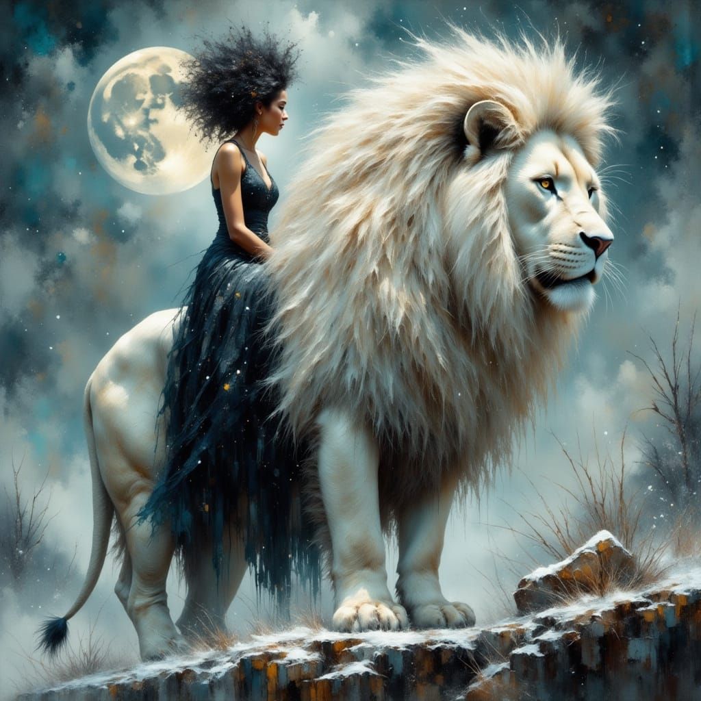 Woman on White Lion as Impasto Painting
