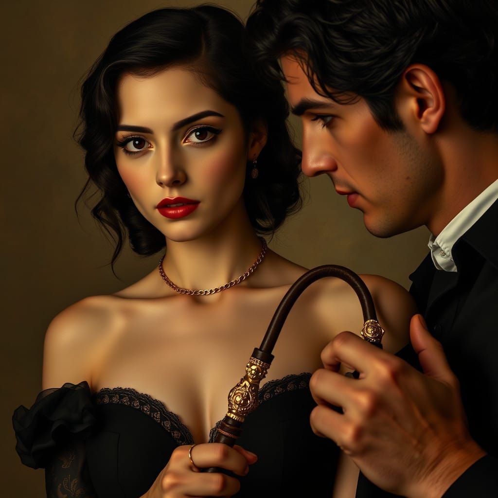 Elegant Woman in Gold Chain Collar and Victorian-Era Inspire...