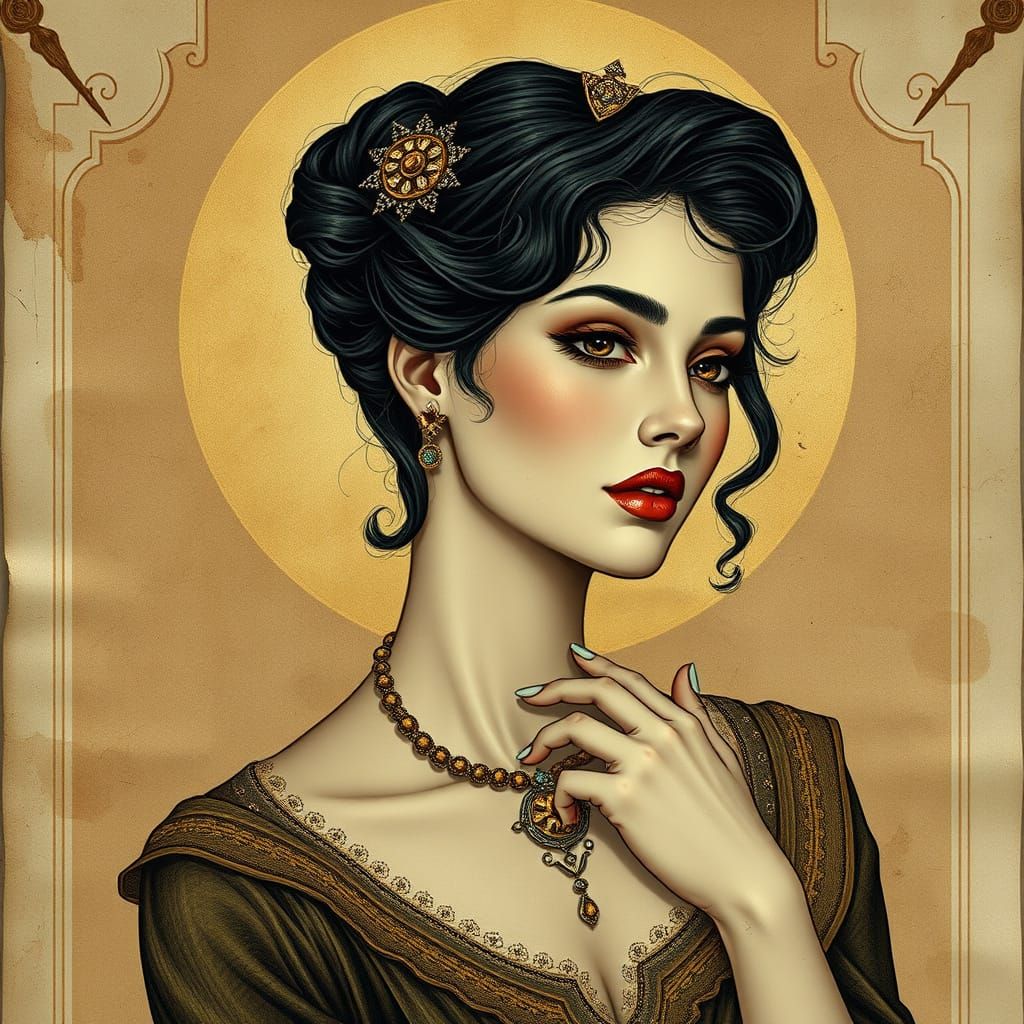 Elegant Woman as Aged Scroll in Art Nouveau Style