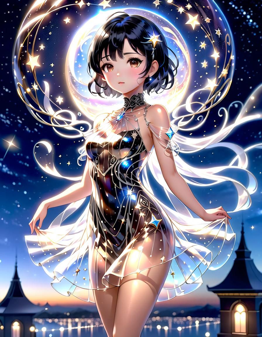 Ethereal Anime Woman in Glass Dress Under Night Sky