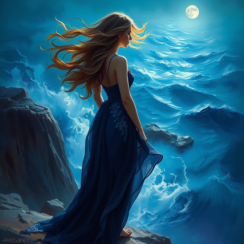 Ethereal Woman Overlooks Stormy Indigo Sea in Romantic Oil S...