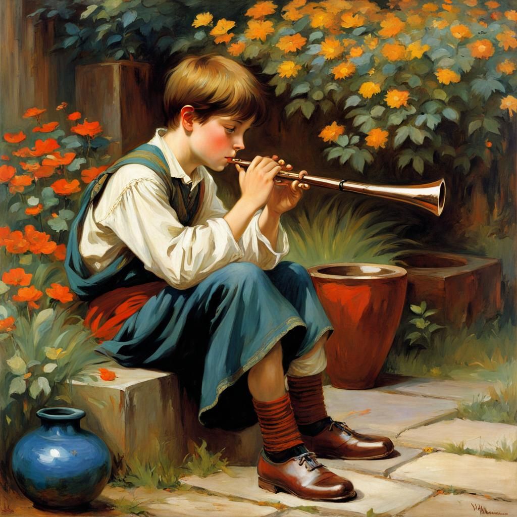 Boy Piper in Garden, Anime Style