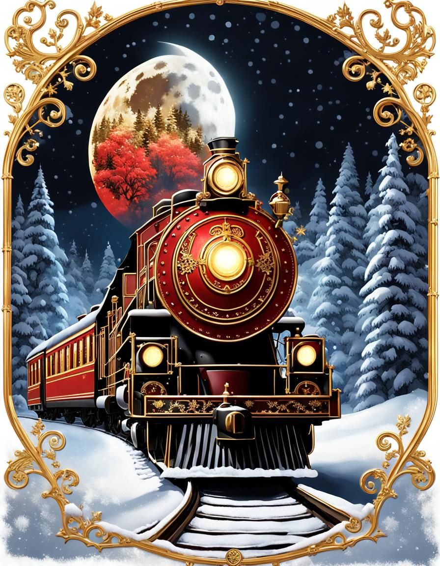 Magical Christmas Steam Train Under Moonlit Snowy Forest