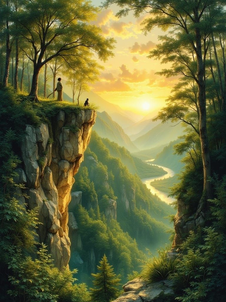 Magical Forest Cliff at Sunset in Art Nouveau Style