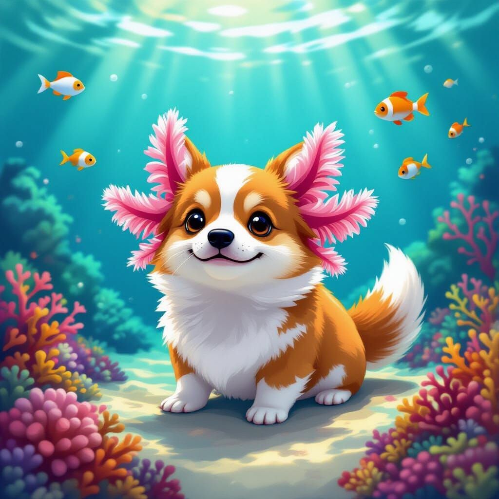 Axolotl Corgi Hybrid on Coral Reef