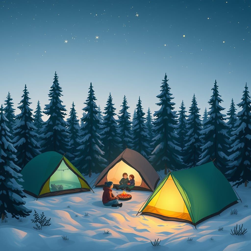 Snowy Family Camping Scene in the Woods