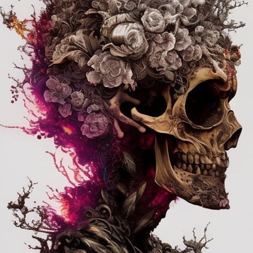 Skull Engulfed in Exploding Flower Flames