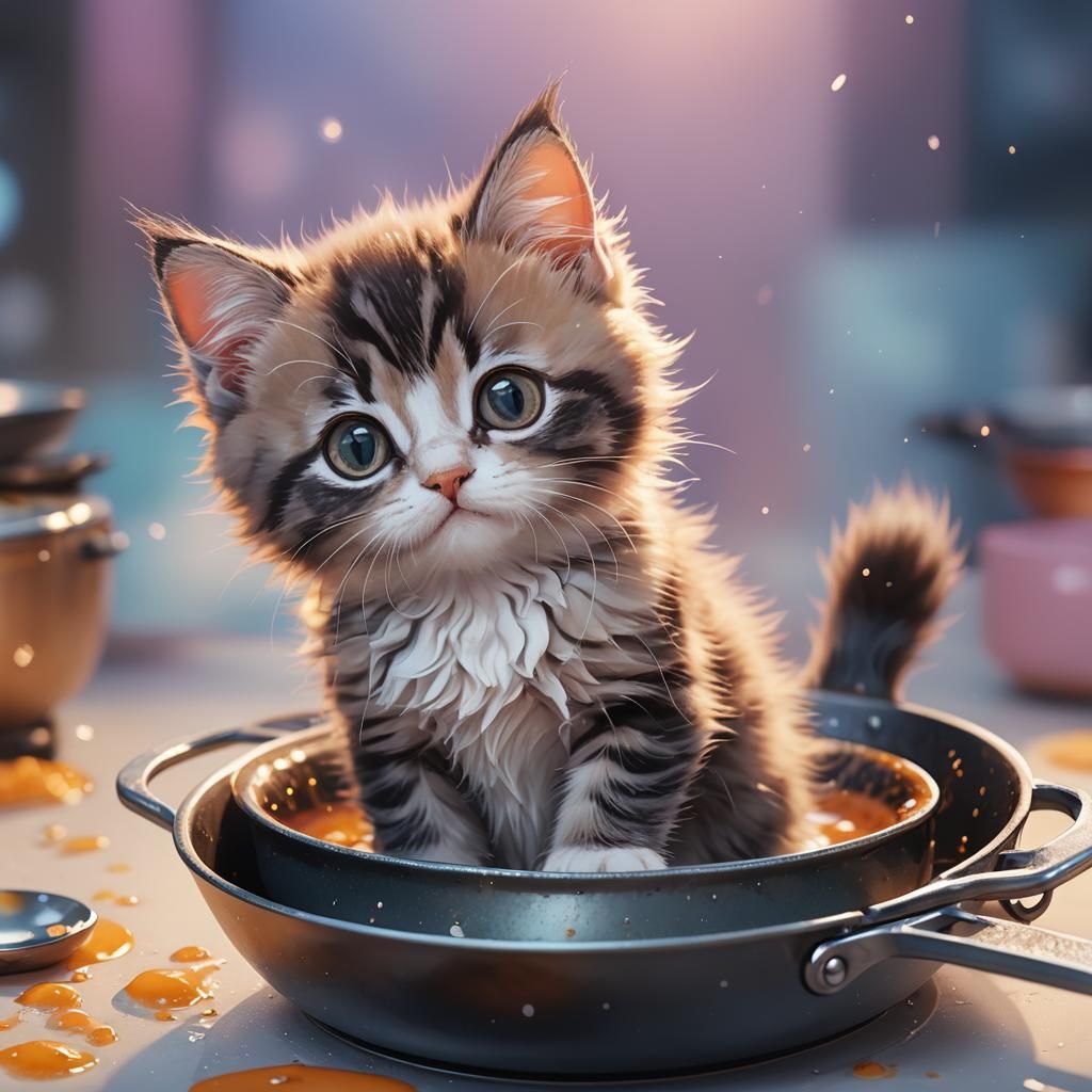 Kitten in a Pan: Whimsical Digital Painting