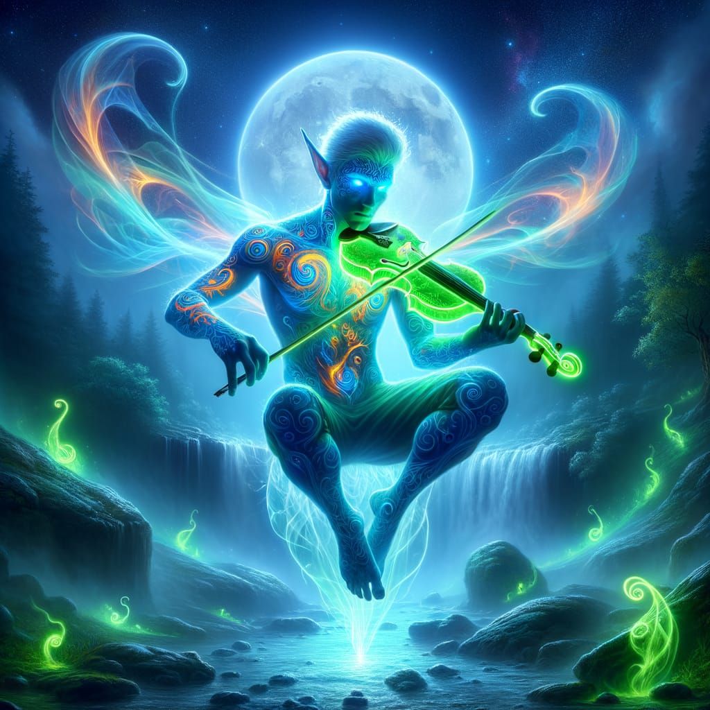 Luminous Elf in a Moonlit Scene with a Violinist
