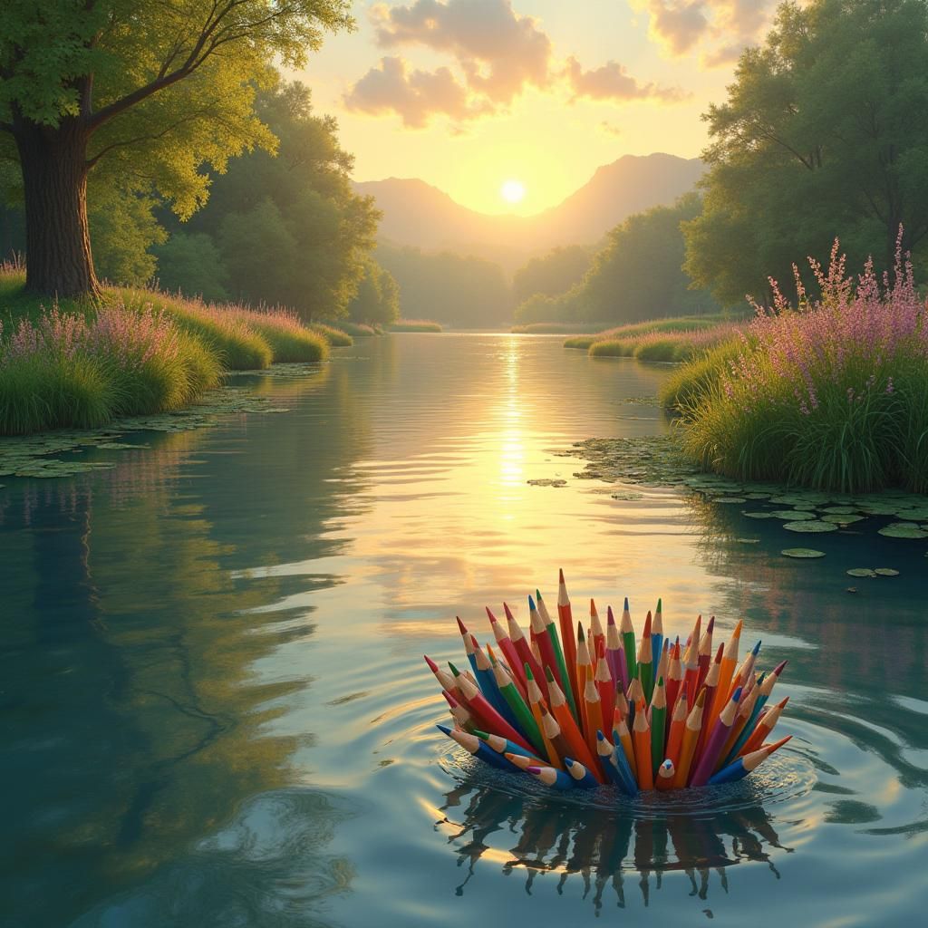 Golden River Scene with Floating Pencils