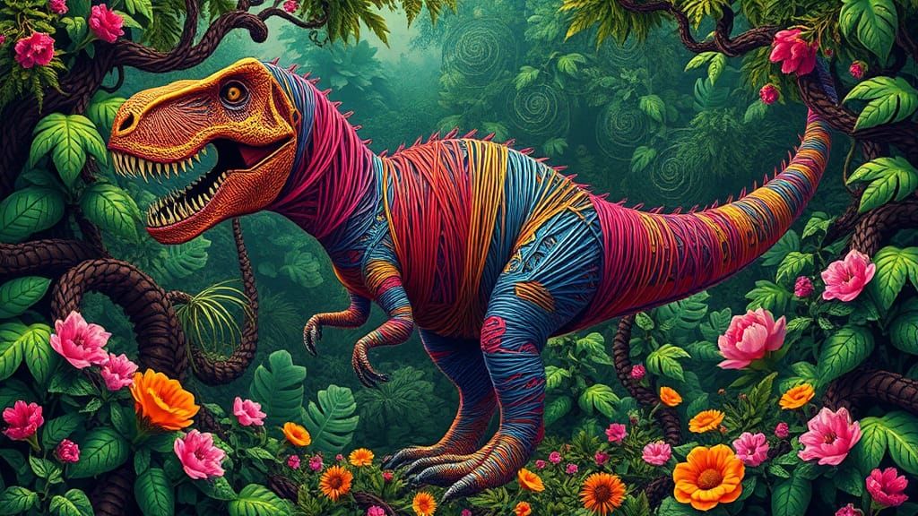 String T-Rex in Jungle: Psychedelic Art Nouveau