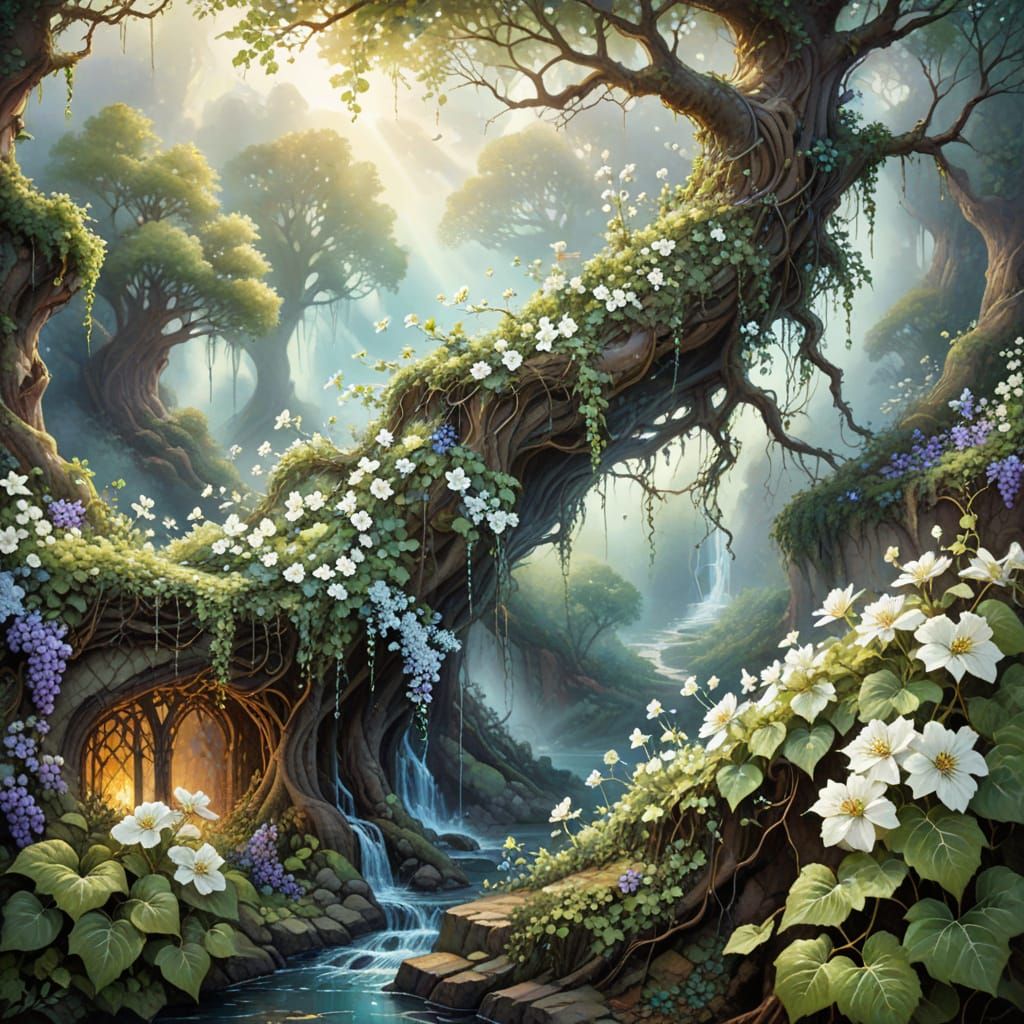 Ethereal Fantasy Illustration with White Flowers and Mist