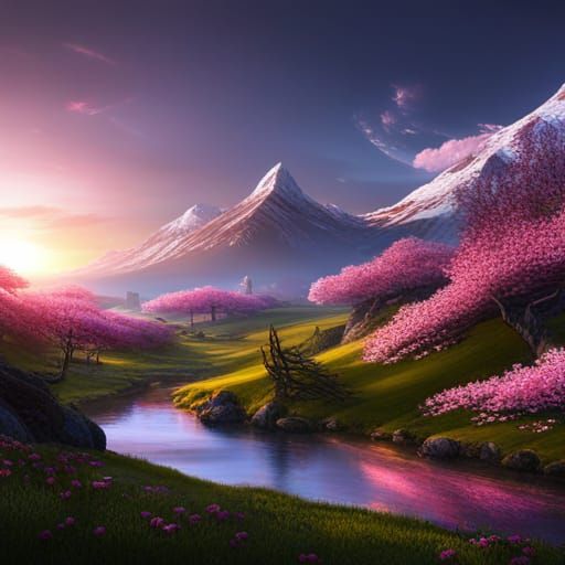 Flowery Valley Sunset: White Horse in Dark Fantasy Style