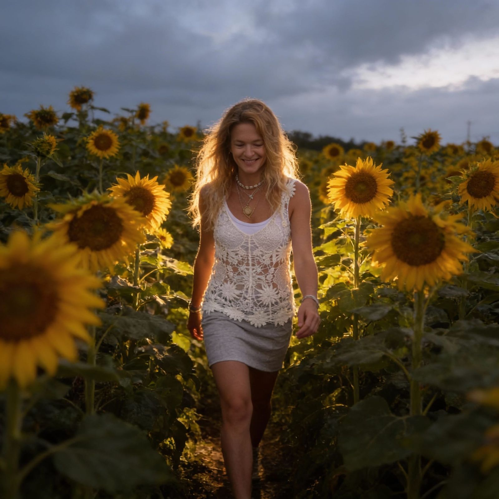 Girl Amongst Sunflowers in Golden Light