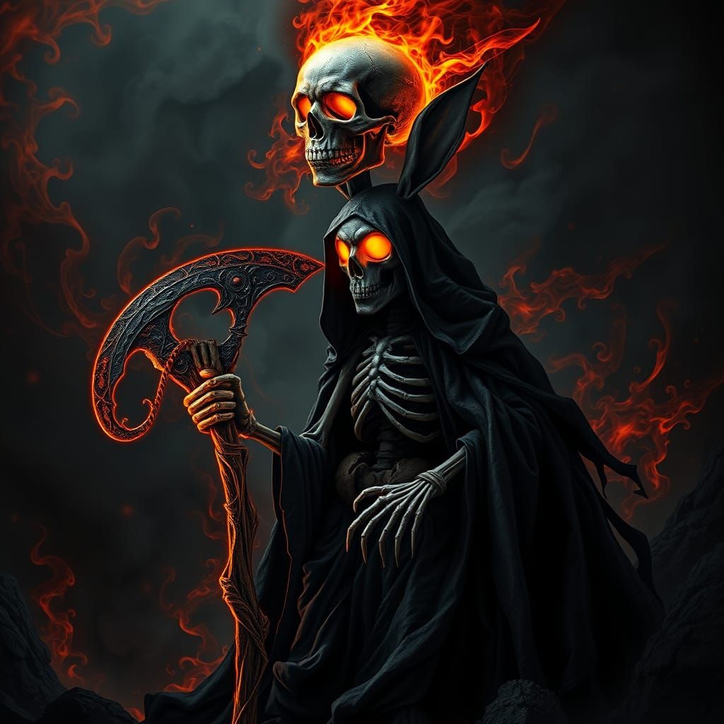 Dark Fantasy Reaper in Fiery Fractal Landscape