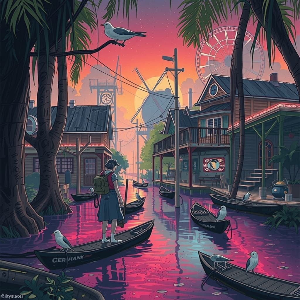 Ecopunk Cajun Bayou Settlement in Vibrant Studio Ghibli Styl...