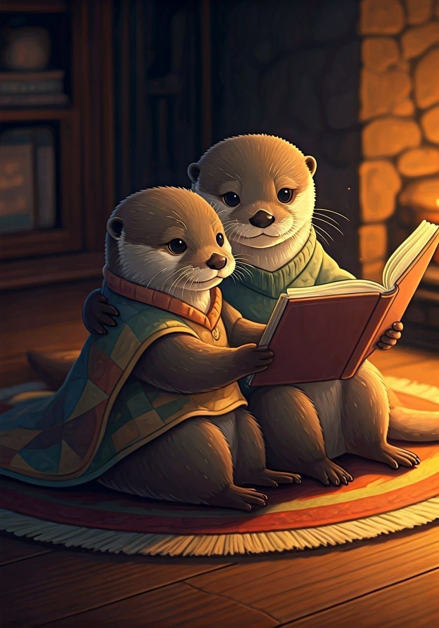 Ghibli-Inspired Anime Otter Couple Snuggle Up by the Fire