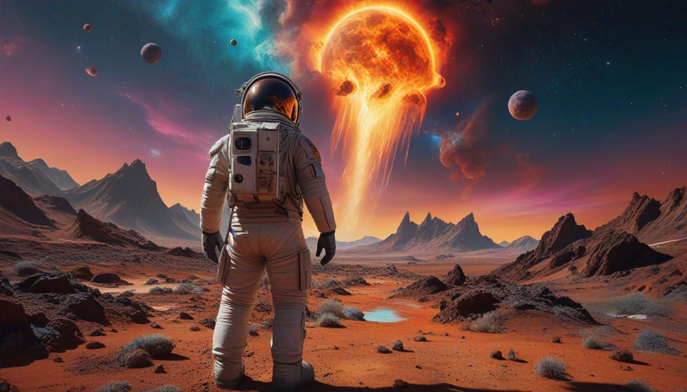 Astronaut with Fiery Mane on Alien World