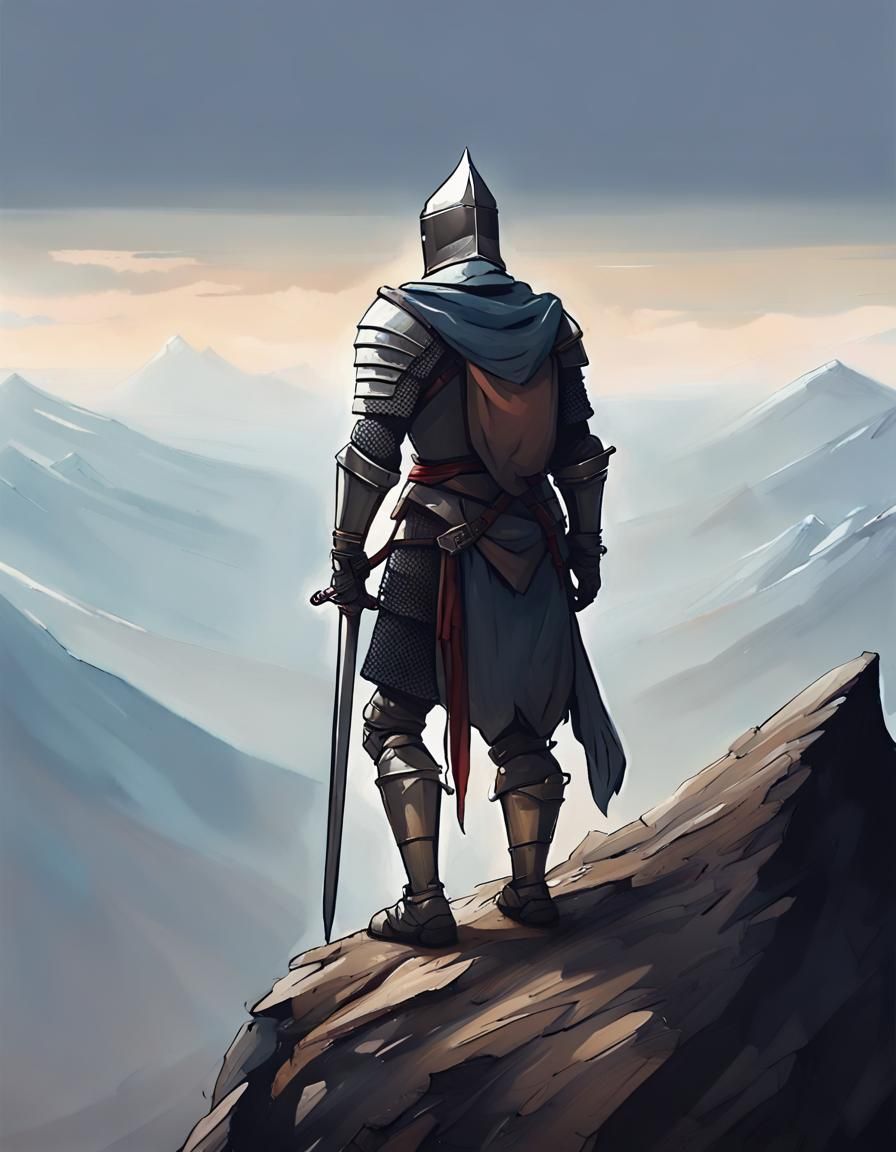 Knight Reaching Mountain Summit Gazing at Horizon