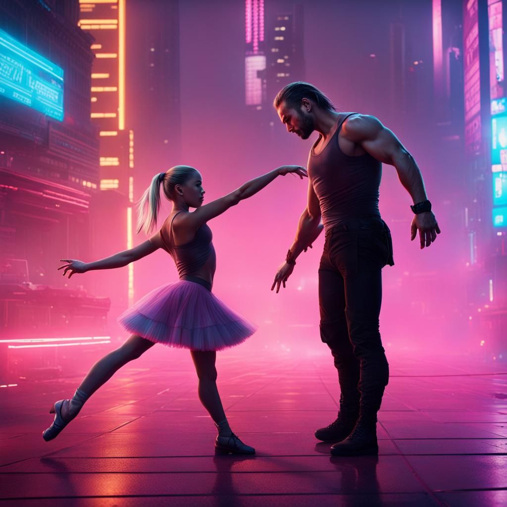 Cyberpunk Ballerina and Daughter Dancing at Night