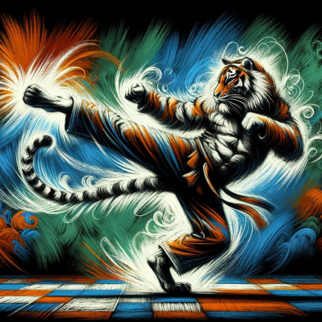 Tiger Demonstrates Martial Arts Kick in Chalk Art Style