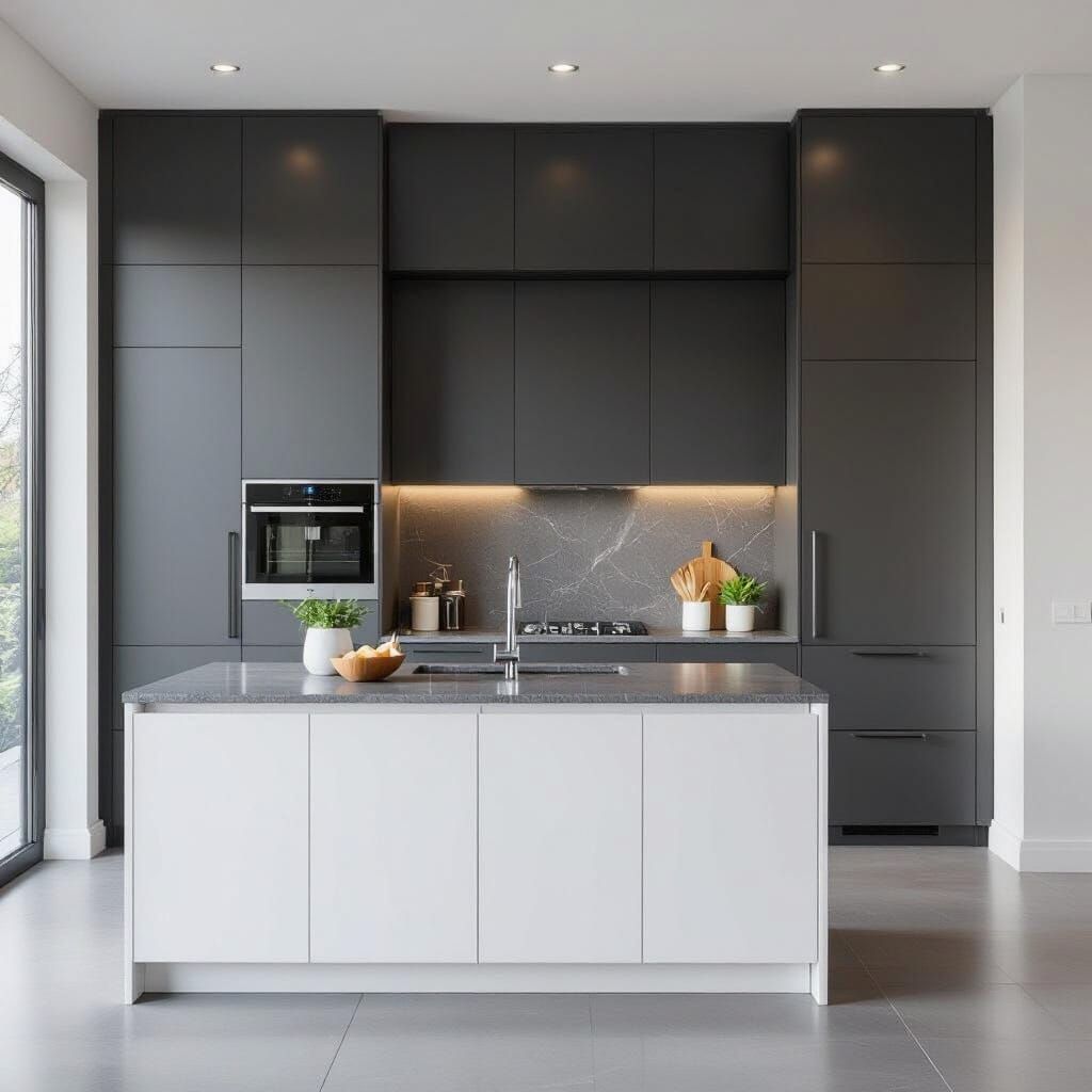 Modern Kitchen with Graphite Cabinets and Granite Island