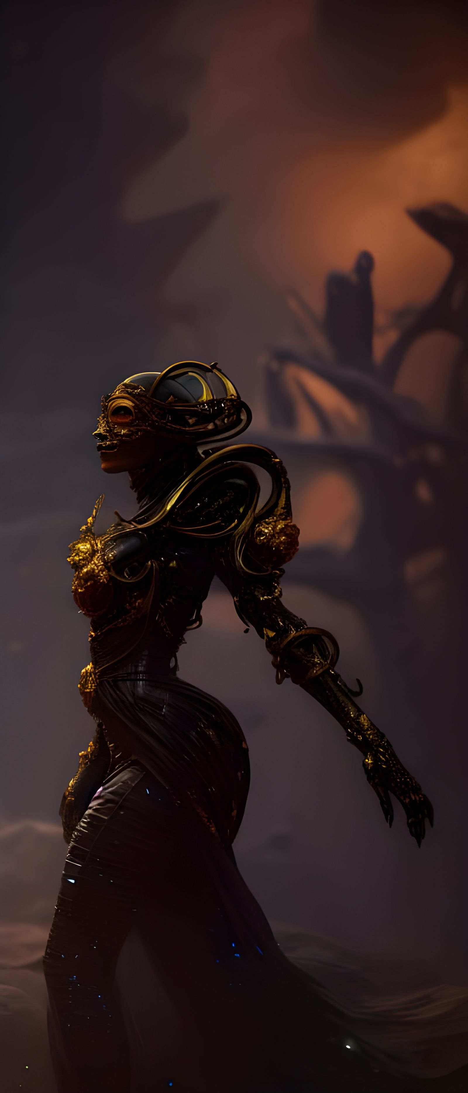 Futuristic Witch in Gold Filigree Armor