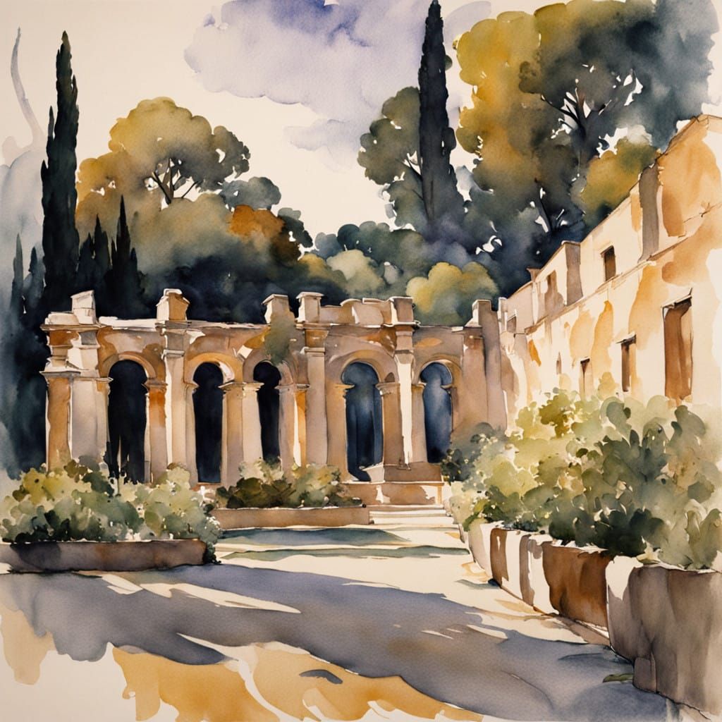 Ancient Roman Colosseum at Sunset in Watercolor Style