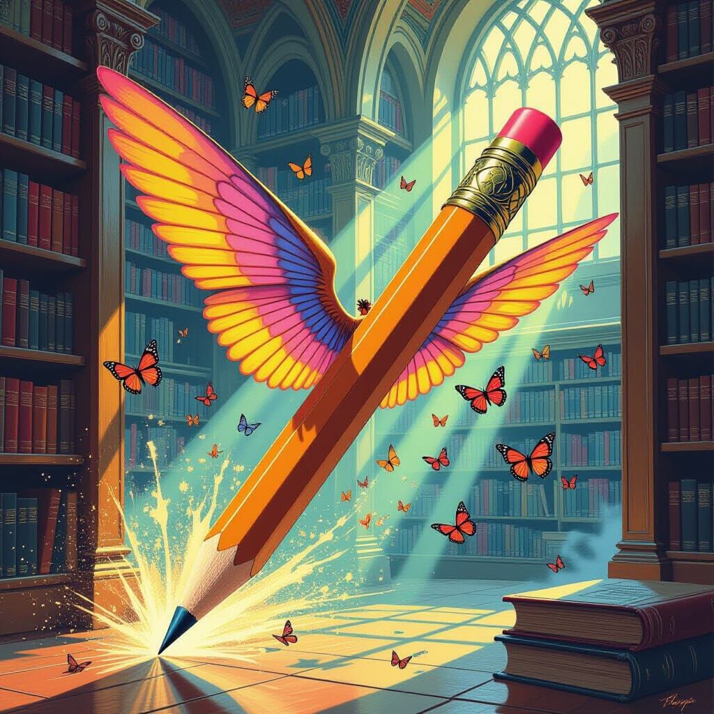 Winged Pencils Swarm a Magical Library