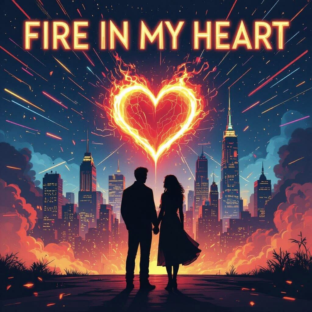 Futuristic Couple Under Neon Heart In City