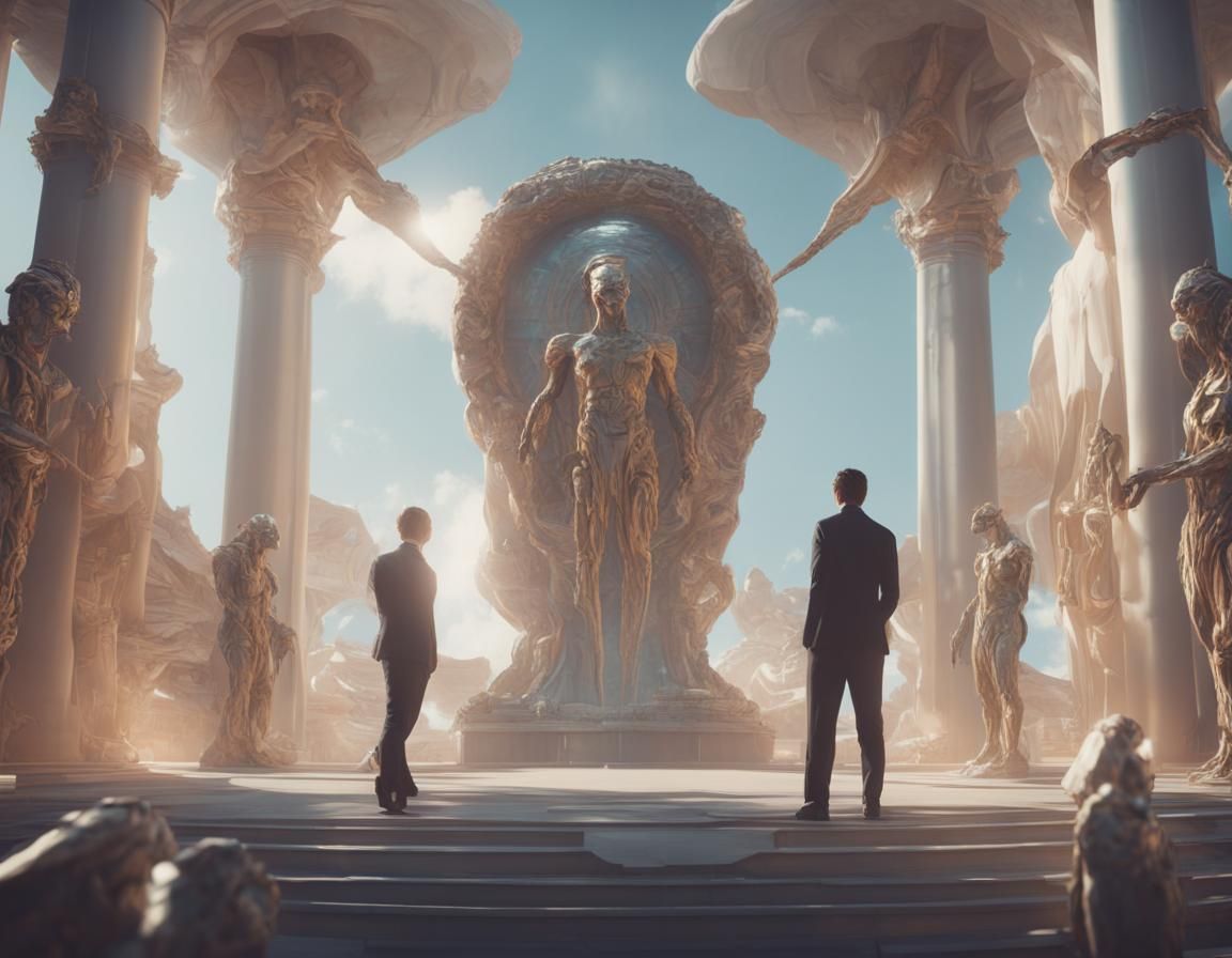 Business Meeting with Gods in Futuristic Dreamscape