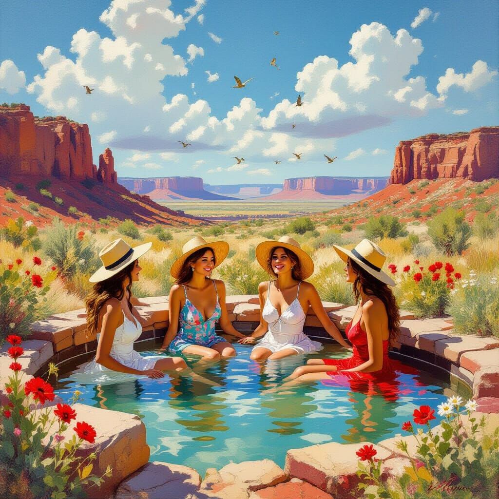 Desert Oasis: Ladies in a Hot Spring, Oil Painting Style