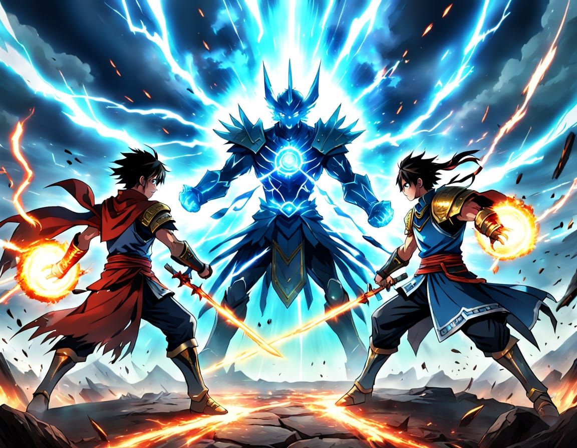 Anime Warriors Unleash Energy Strike on Towering Foe