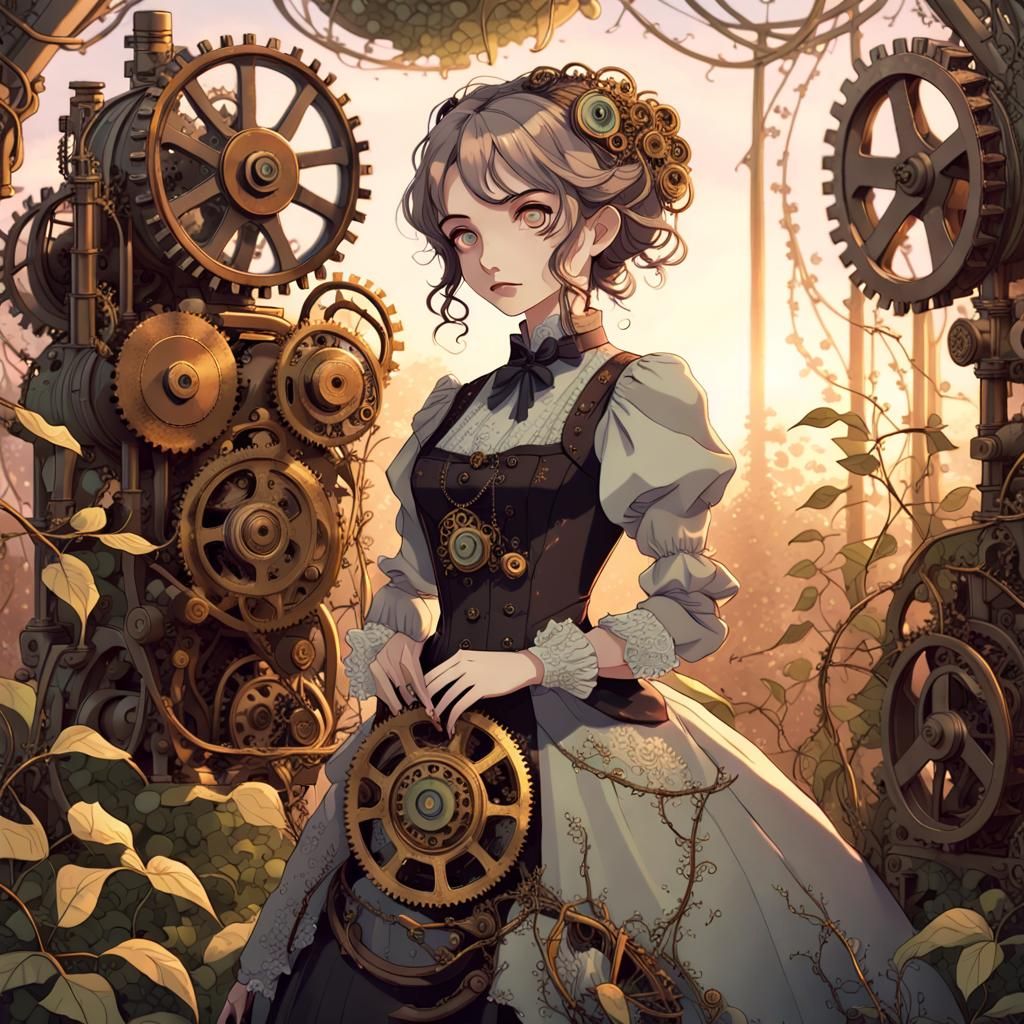 Anime Woman in Steampunk Garden