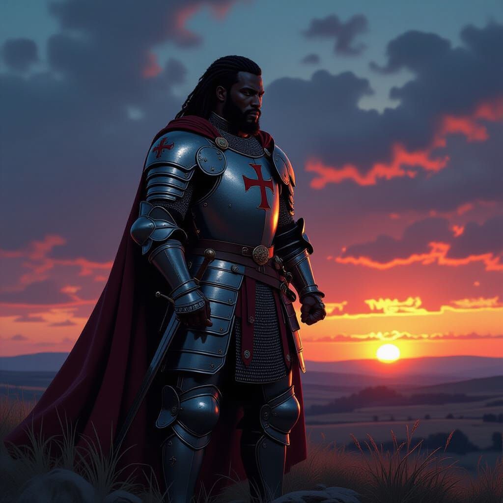 Black Knight Templar on Windswept Hill at Dusk