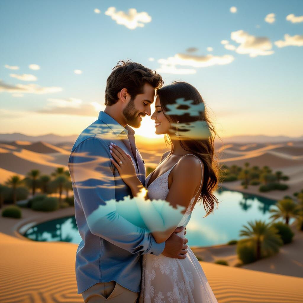 Romantic Double Exposure: Couple Embracing in Desert Oasis