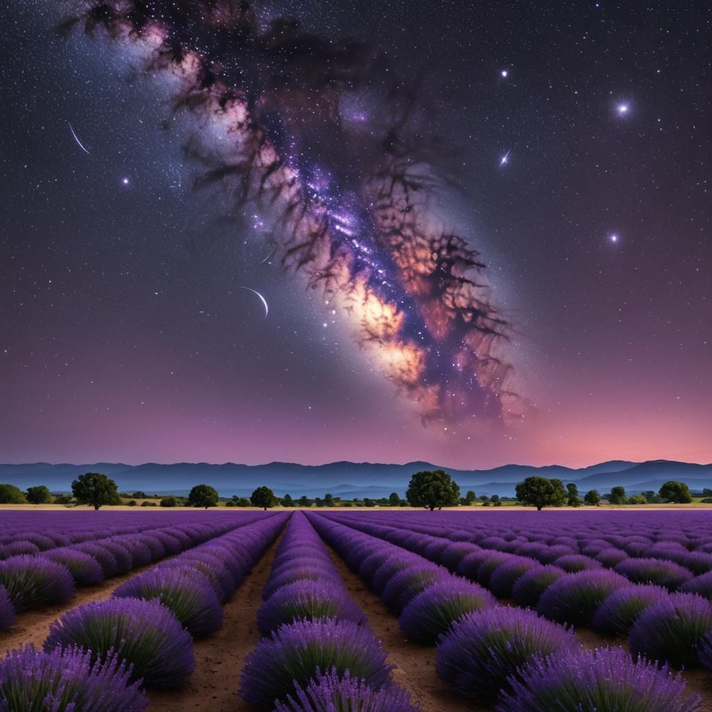 Nighttime Symphony: Lavender Fields Under a Blanket of Celes...