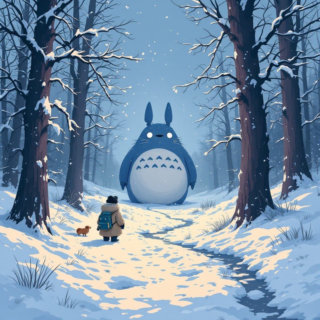 Totoro in Winter Landscape, Studio Ghibli Style
