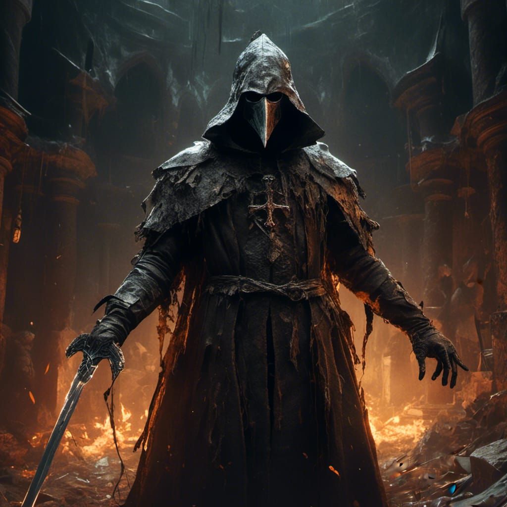 Plague Doctor with Kingslayer Sword in Throne Room