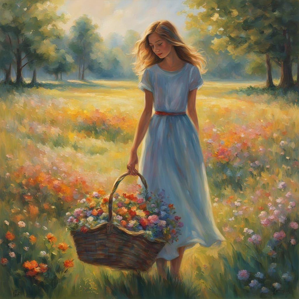 Vibrant Springtime Oil Painting of a Joyful Girl
