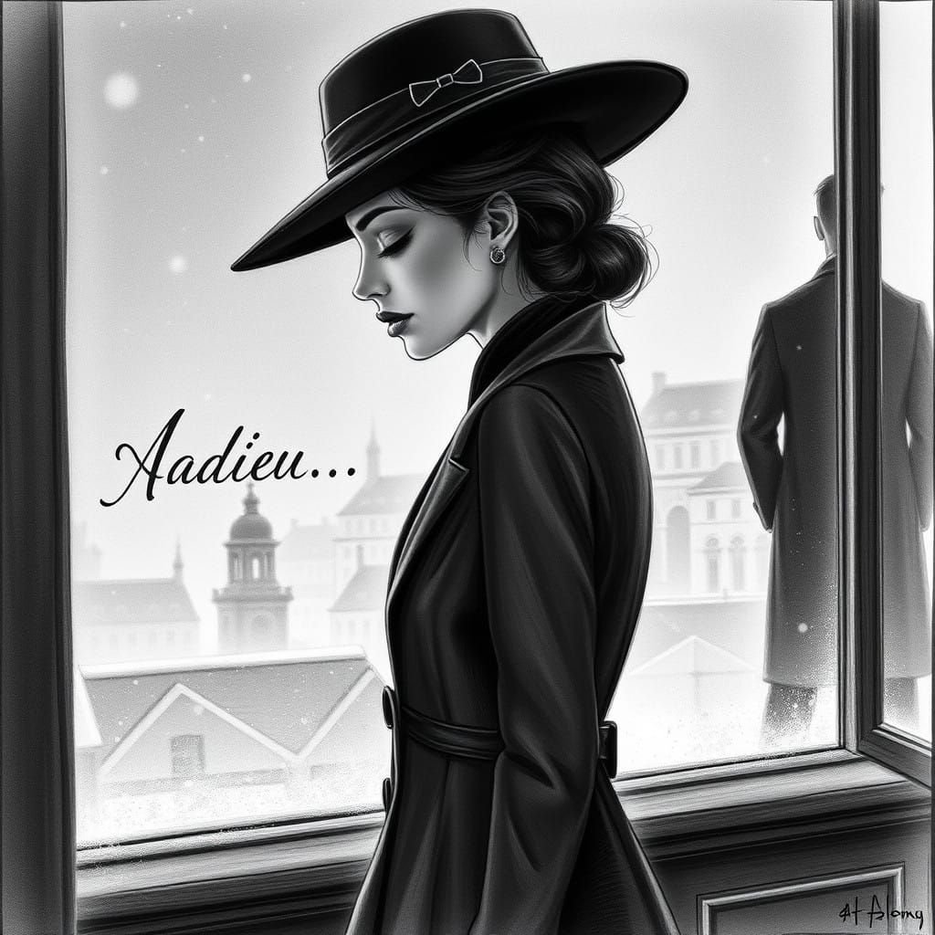 French Spy's Heartfelt Farewell in Monochromatic Charcoal Dr...