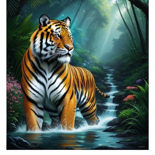 Tiger in Jungle River with Flower Field, Hyperrealistic