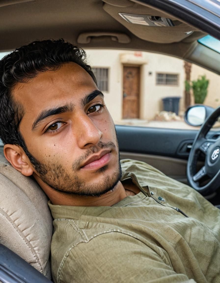 Detailed Photo of a Youthful Man Sleeping in Car