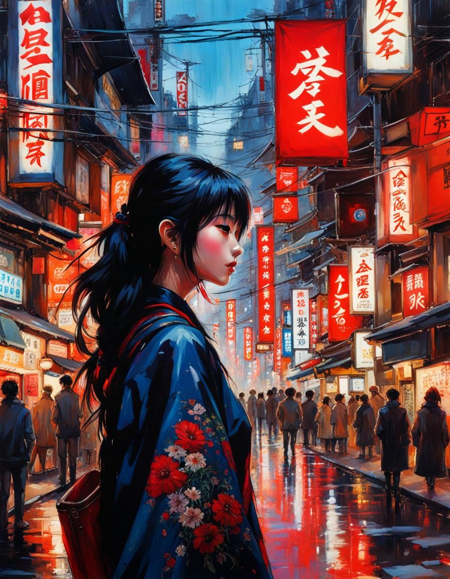 Beautiful Japanese Girl in Tokyo Street, Splash Art