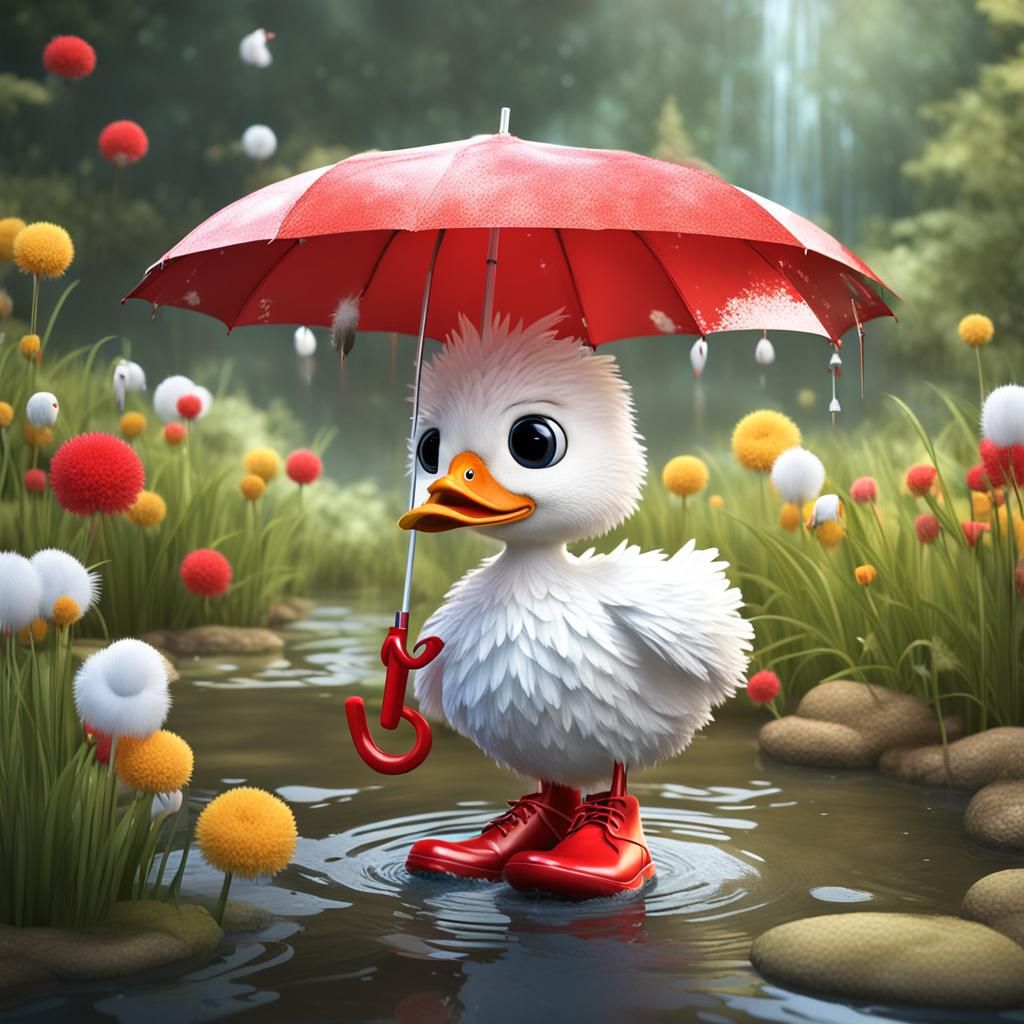 character design, 3D animated, quirky fuzzy and fluffy duck with big head, big eyes, goggles, wearing a slicker , red bo...