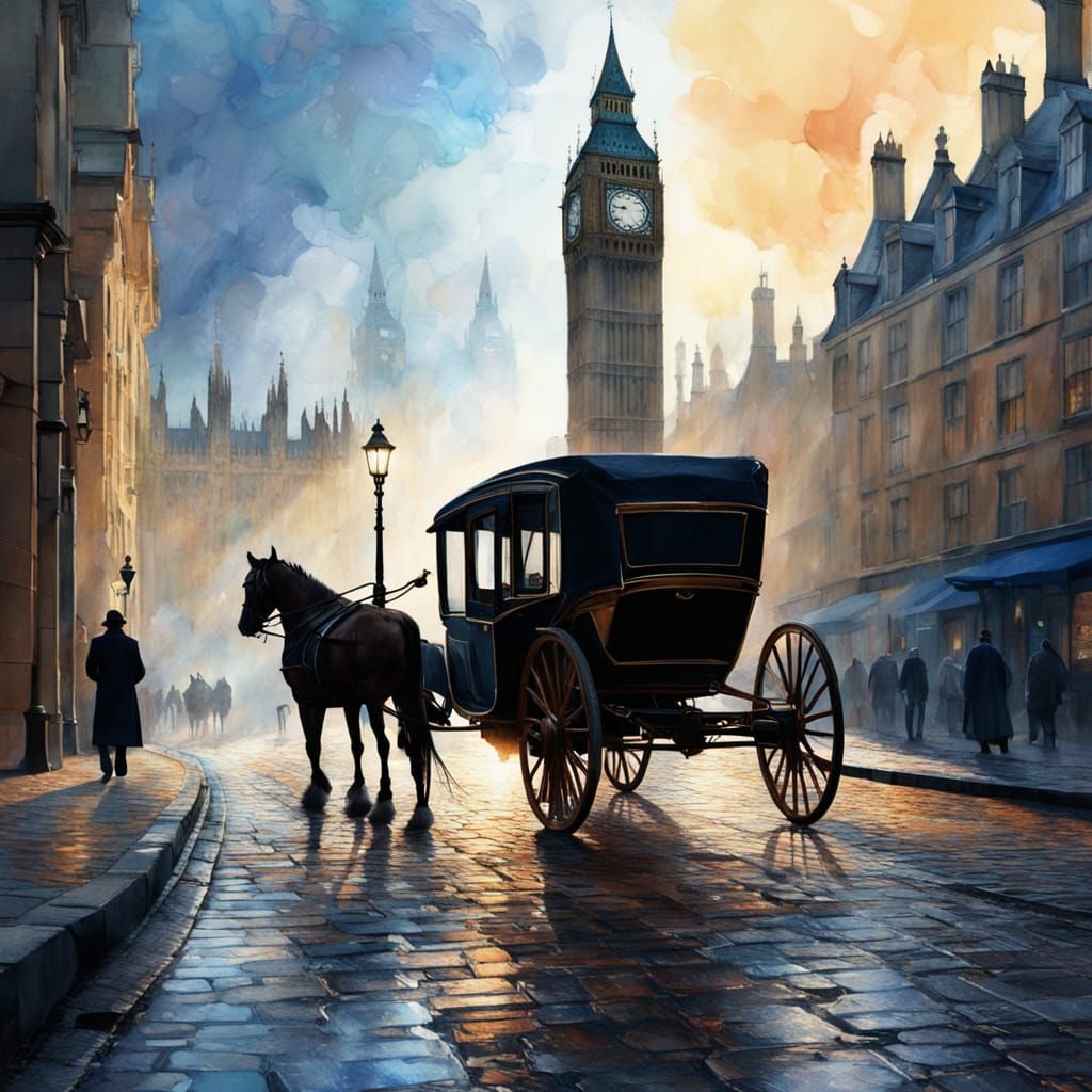 Horsedrawn Carriage with Big Ben in Digital Watercolor